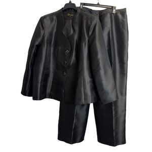 Diana Womens Black Satin 2 Piece Pant Suit Rhinestone Button Blazer Size 24